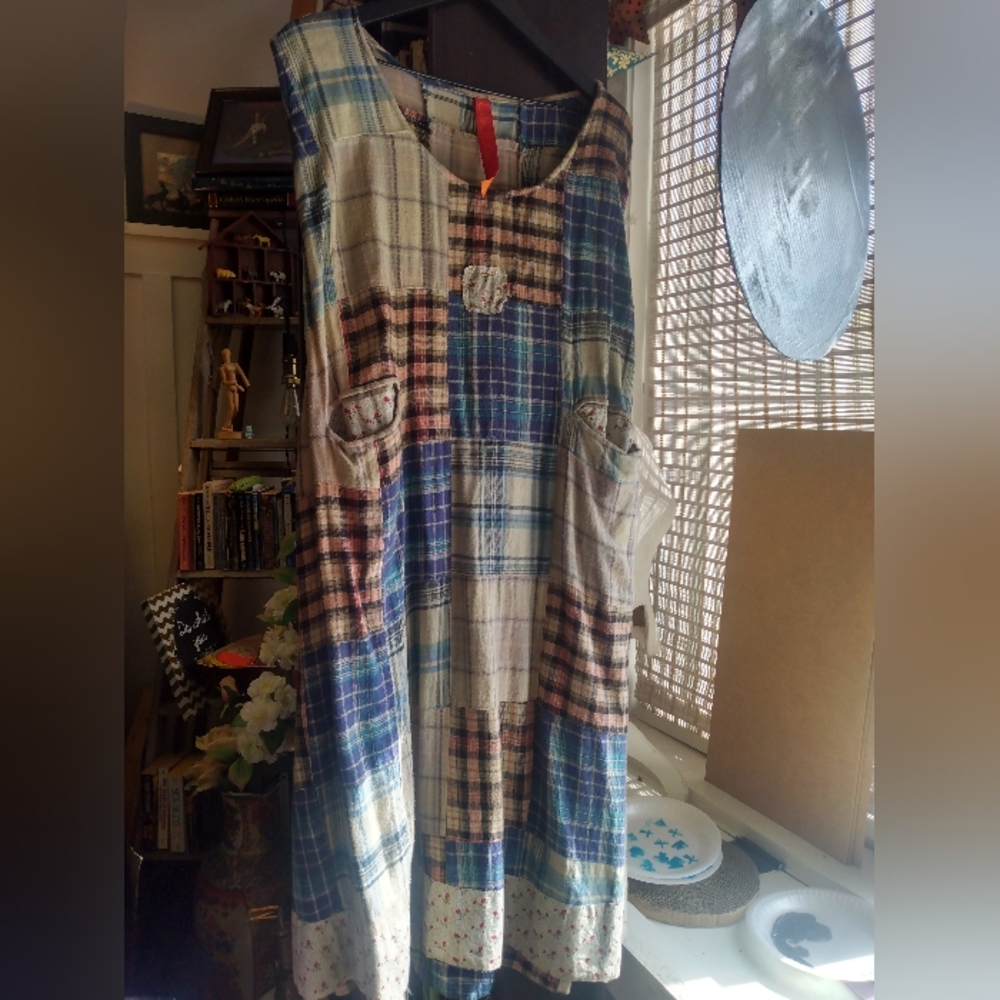 Amazing EWA I WALLA Cotton flannel real patchwork dress, XL waist tie adjustable